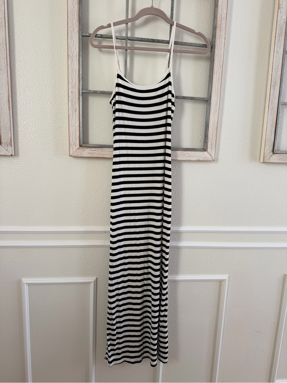 Divided Black and White Striped Maxi Dress with Slim Straps
